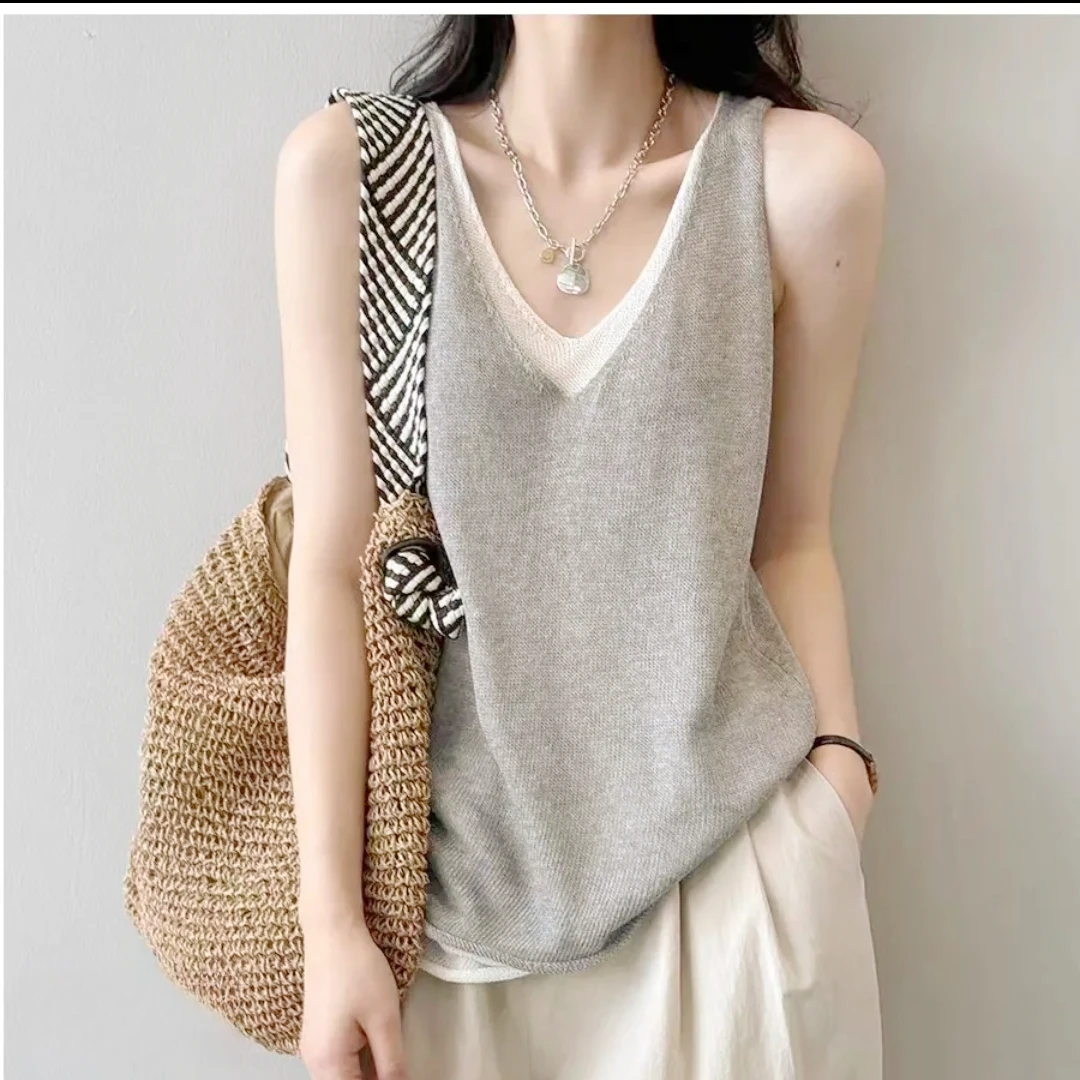 福利-----高级感拼接设计棉麻v领无袖宽松休闲外穿背心女夏季
