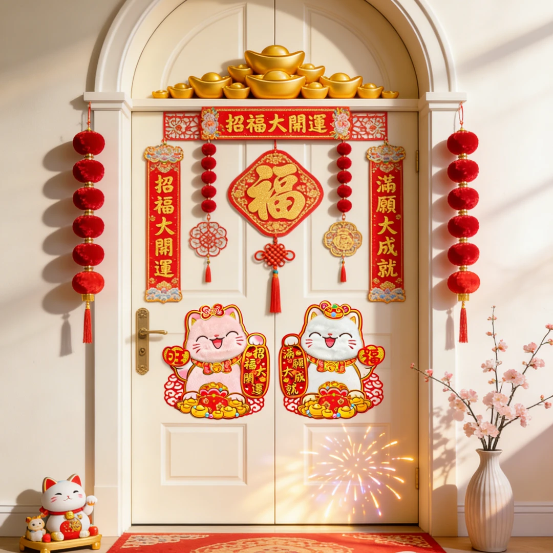 招财猫 门贴窗花 装饰挂件福字猫猫头氛围