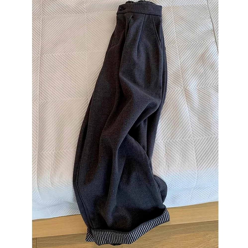 深灰色卷边阔腿裤女秋季新款小个子高腰宽松显瘦休闲直筒裤子女