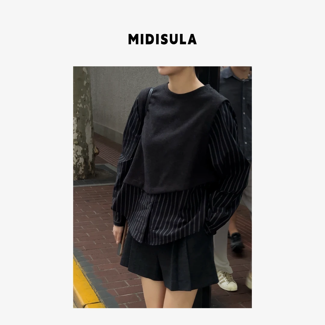 MDSL·新款时尚假两件条纹拼接长袖衬衣01675