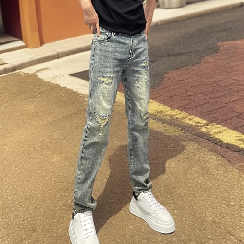 欧货潮牌破洞牛仔裤男士春夏季复古做旧时尚显瘦修身小脚长裤子男