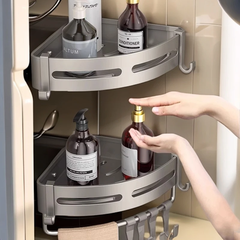 灰浴室置物架免打孔太空铝壁挂三角篮洗澡间卫生间挂架单层加高