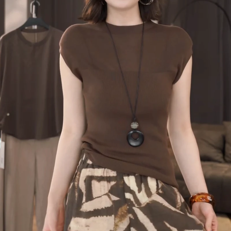 2025夏季新款透气圆领修身显瘦小飞袖针织上衣LK2504977