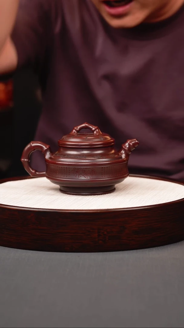 茶壶紫砂古红泥双线竹鼓