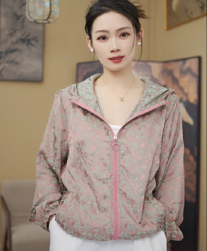 《金标版本》防晒原创高定琉璃花女装复古提花拉链外套夏季连帽上衣