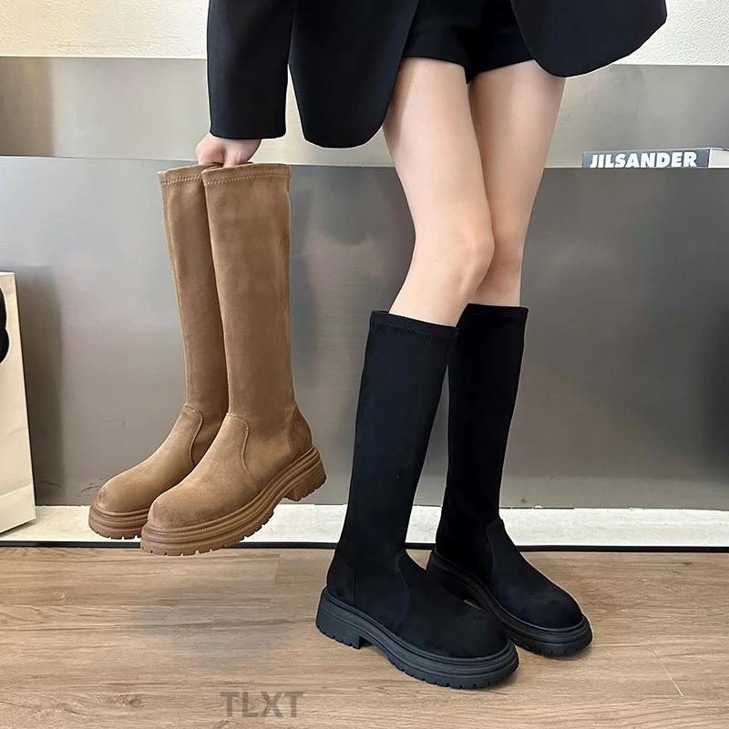 巴黎风绒面长筒靴女2024年秋季新款厚底堆堆靴磨砂瘦瘦靴高筒弹力
