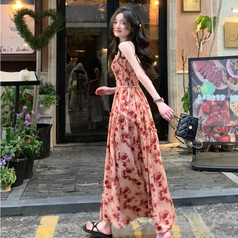2025夏季法式吊带长裙到脚踝女气质碎花高个子超长款及踝连衣裙
