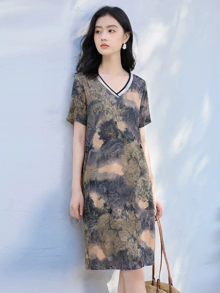 9646-裙子气质宽松遮肉夏季中腰女装透气祥云花夏装连衣裙（F仓）