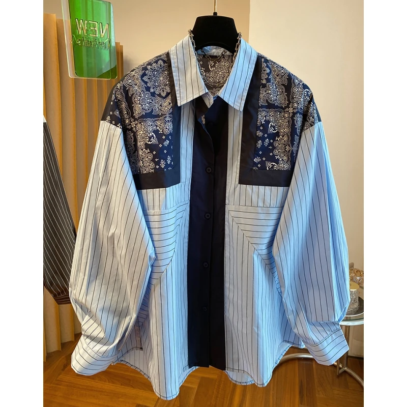 7750早春新款高级感宽松休闲复古民族风印花蓝色条纹长袖衬衫女装