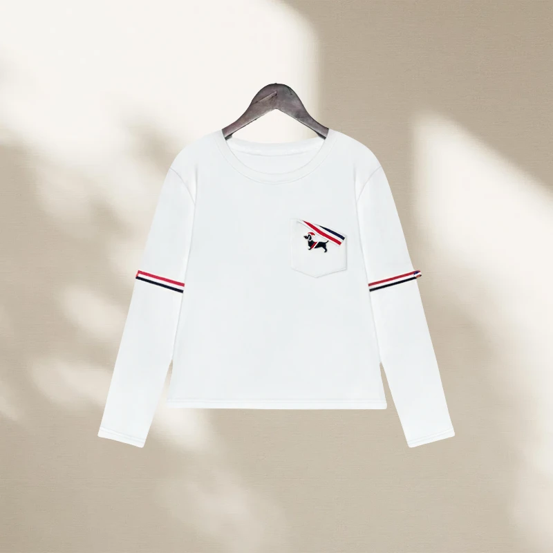 打底衫上衣女刺绣拼接设计感圆领休闲百搭显瘦上衣女2025秋季新款