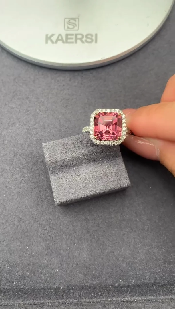 18K金镶嵌戒指碧玺5.6ct粉碧玺戒指 定制 fc