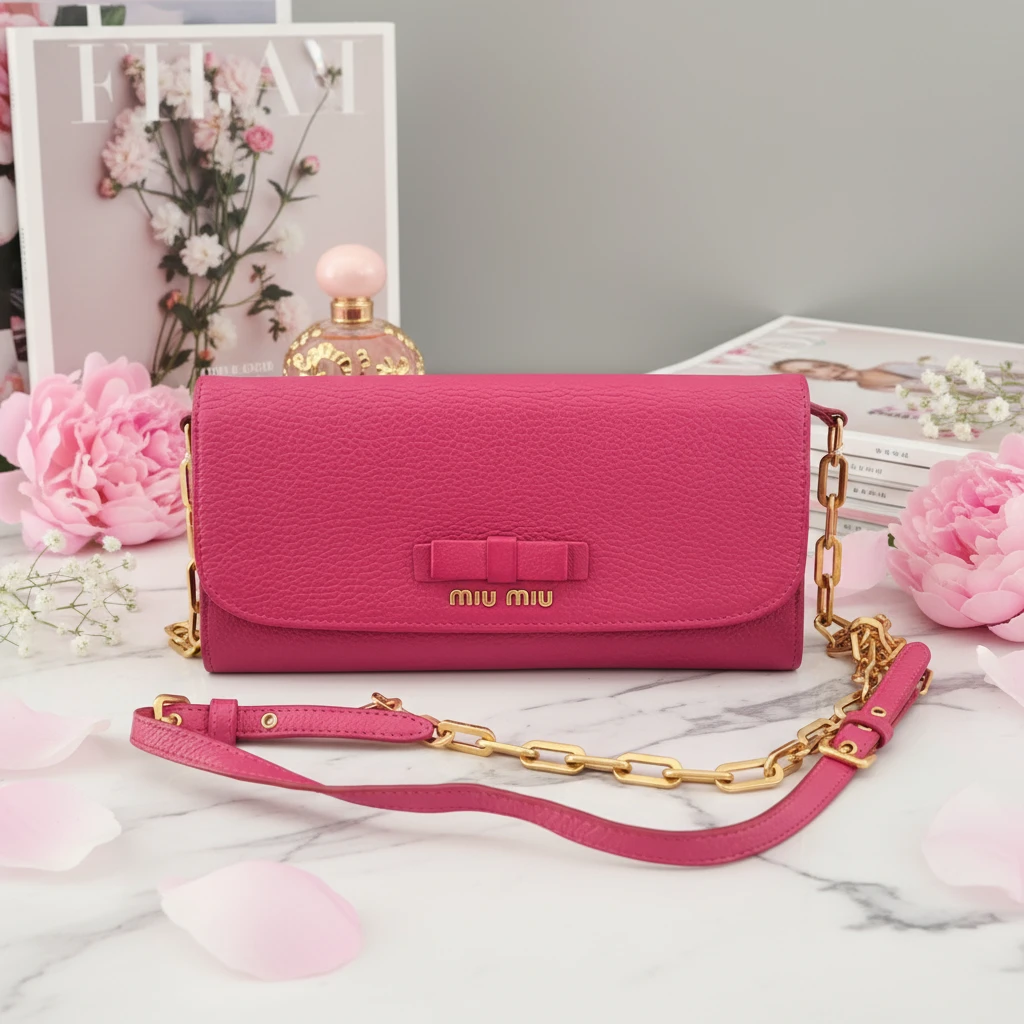 95新 MIU MIU/缪缪  玫粉色链条斜挎包  1786 2464