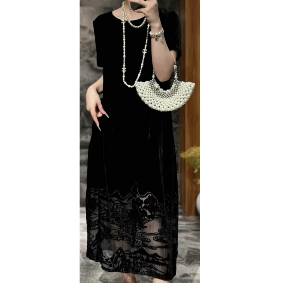 DEZI夏季出行穿搭拼蕾丝显瘦气质丝绒连衣裙LS6179077