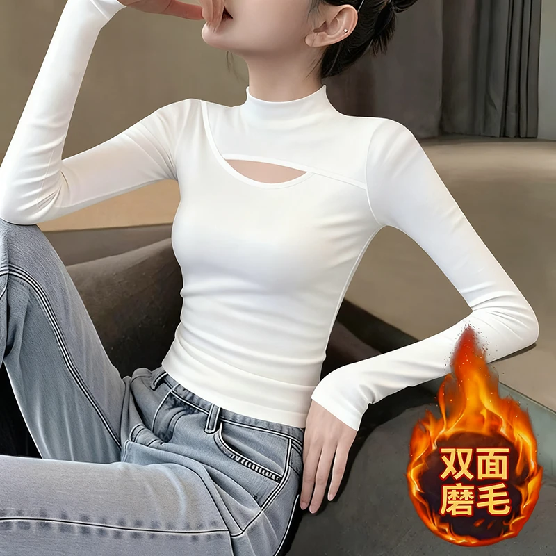德绒白色半高领镂空长袖打底衫女秋冬新款2025设计感紧身内搭推荐