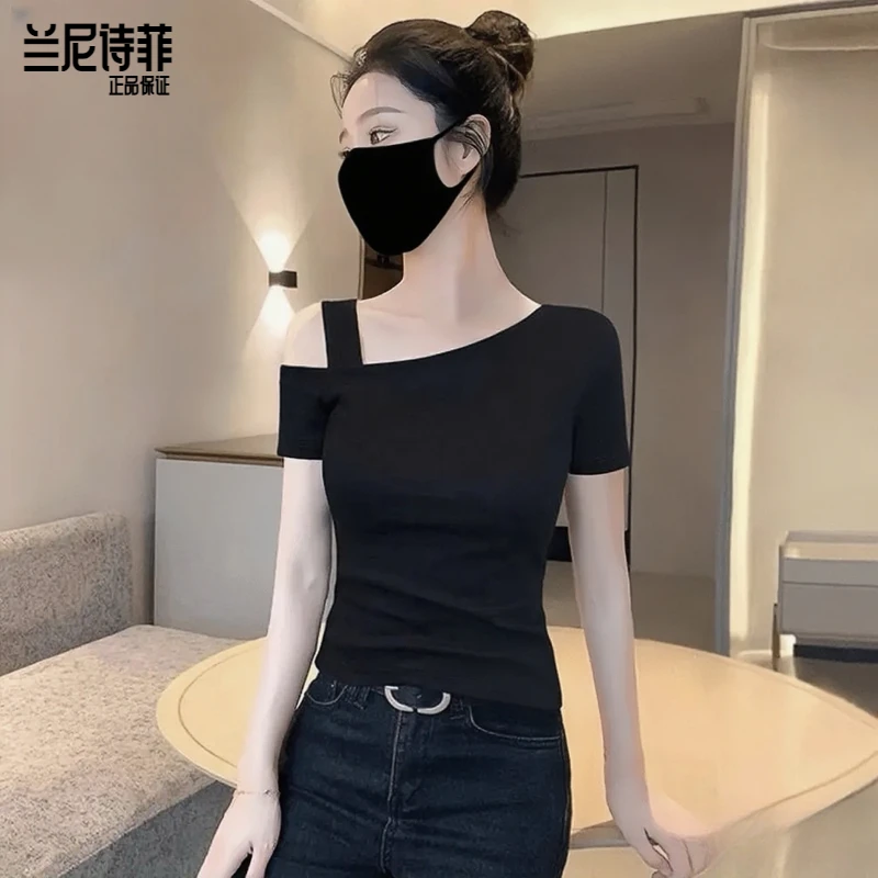 兰尼诗菲斜肩短袖纯棉t恤女夏季修身显瘦高级感独特绝美露肩上衣