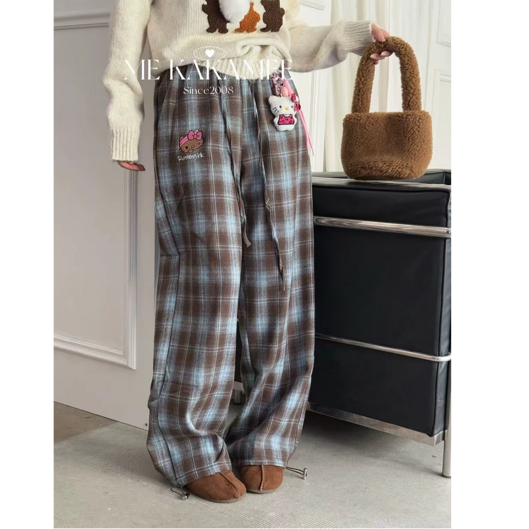 美式复古格子直筒阔腿裤女秋冬季25高腰慵懒宽松直筒长裤百搭休闲