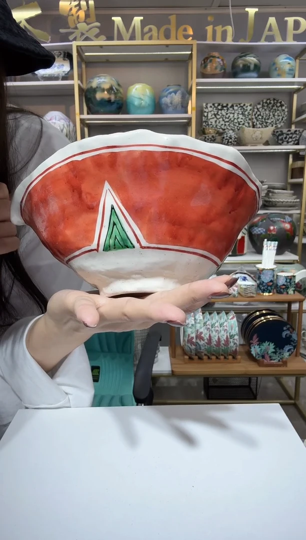 陶瓷濑户烧异型大钵一只赤绘