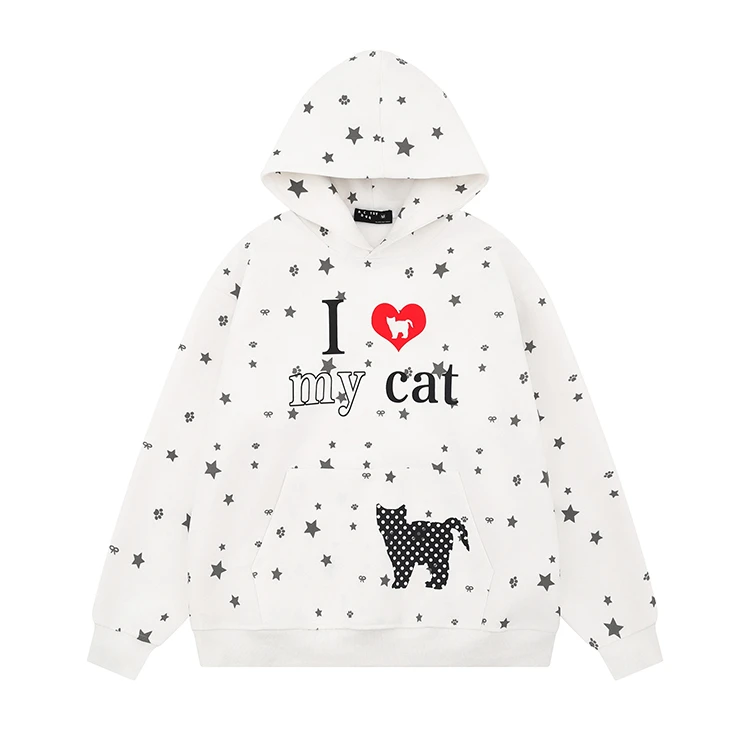 新款星星波点小猫满印花连帽卫衣男女秋季宽松休闲情侣慵懒风上衣