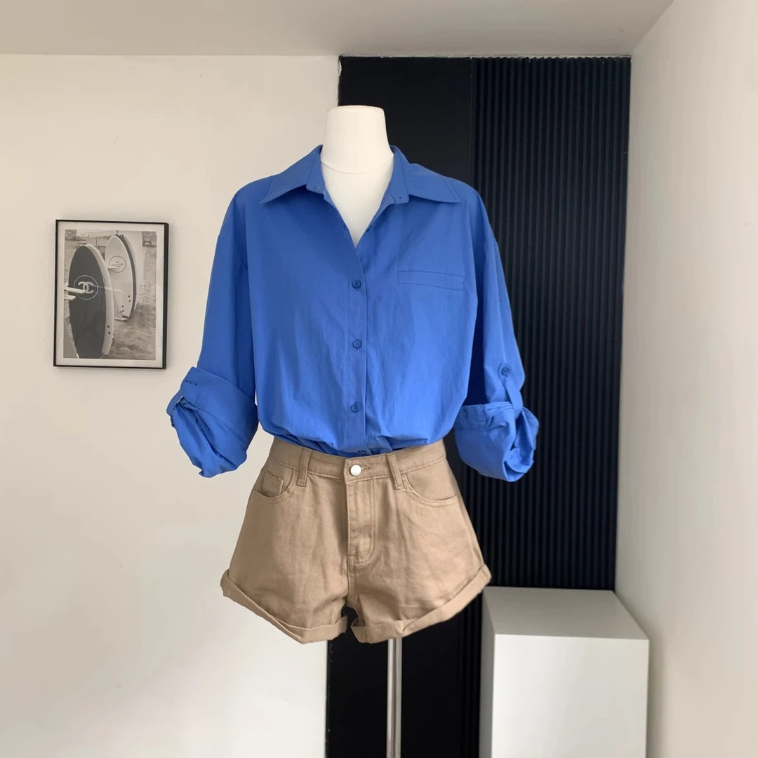 普鲁士蓝克莱因蓝色长袖衬衫女韩系春秋新款显白衬衣设计感上衣女