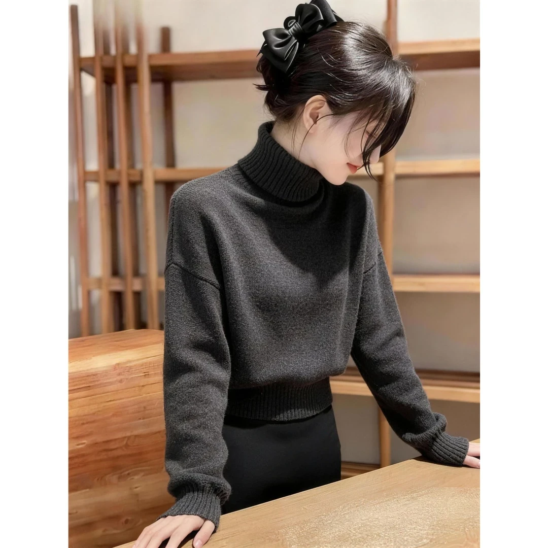 女士2025秋冬韩系风格酒红色高领加厚针织长袖短款高腰优雅时尚气