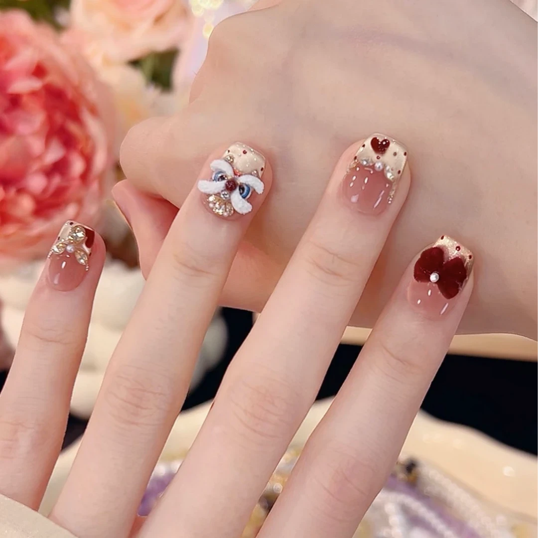 【心悦醒狮】新年爆款醒狮法式纯手工穿戴甲短款显白高级感穿戴美甲