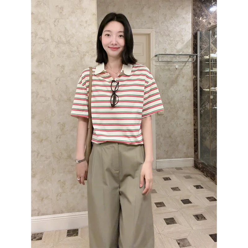 郭九九呢 100%棉条纹polo领落肩袖t恤短袖休闲阔腿长裤G925Y04461