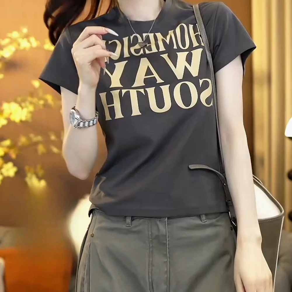 『胶片日记』简约印花字母圆领休闲百搭T恤女2025夏季新款修身上衣