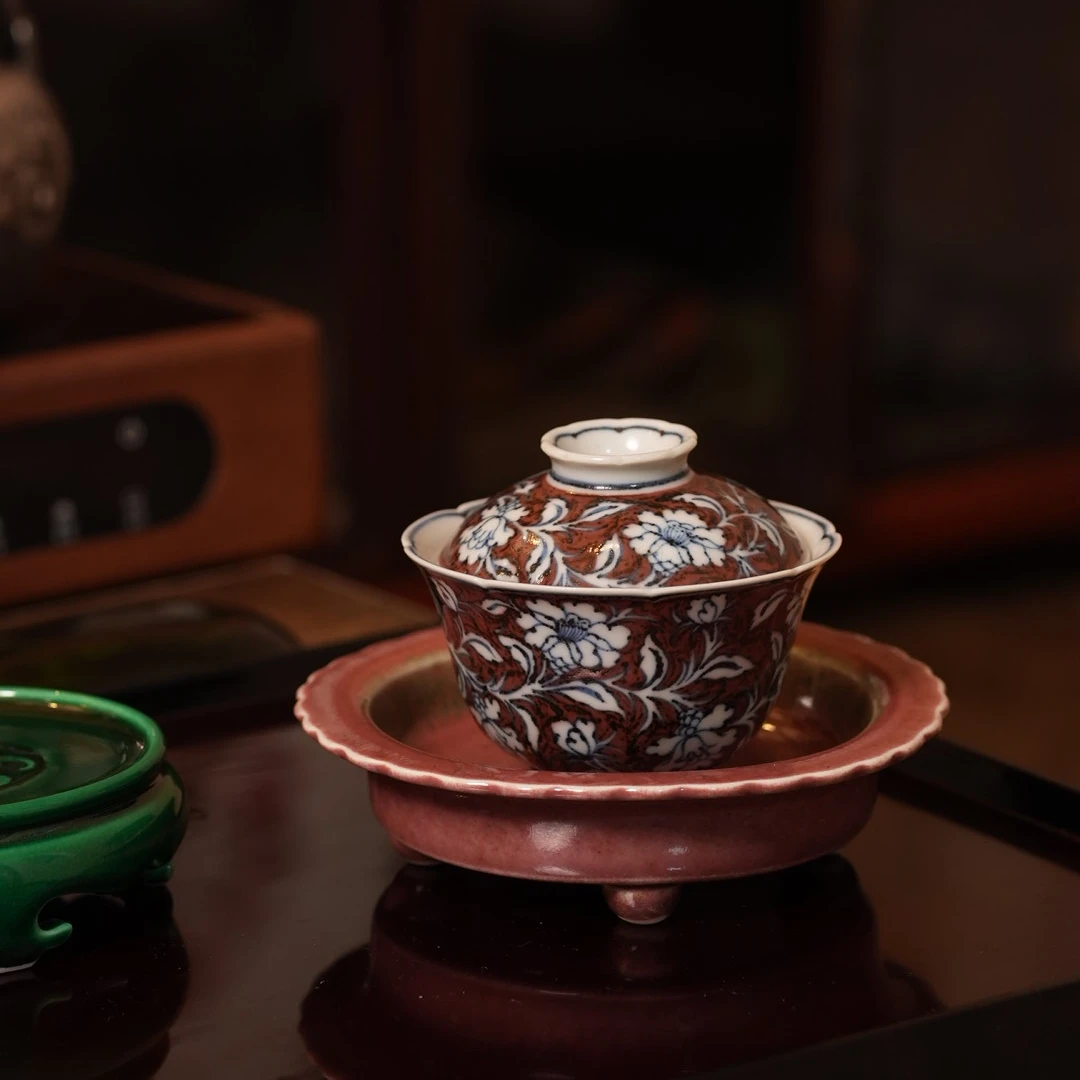 正萌 「繁花似锦」重工全红盖碗100cc