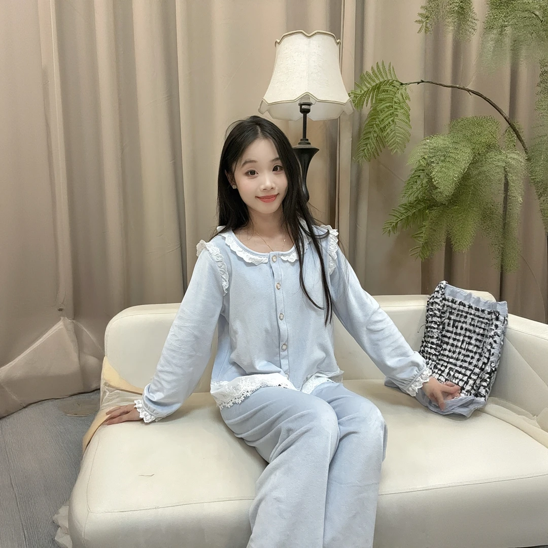 甜美冬季海岛绒细绒睡衣长袖保暖碧蓝绒款家居服蕾丝边韩版套装