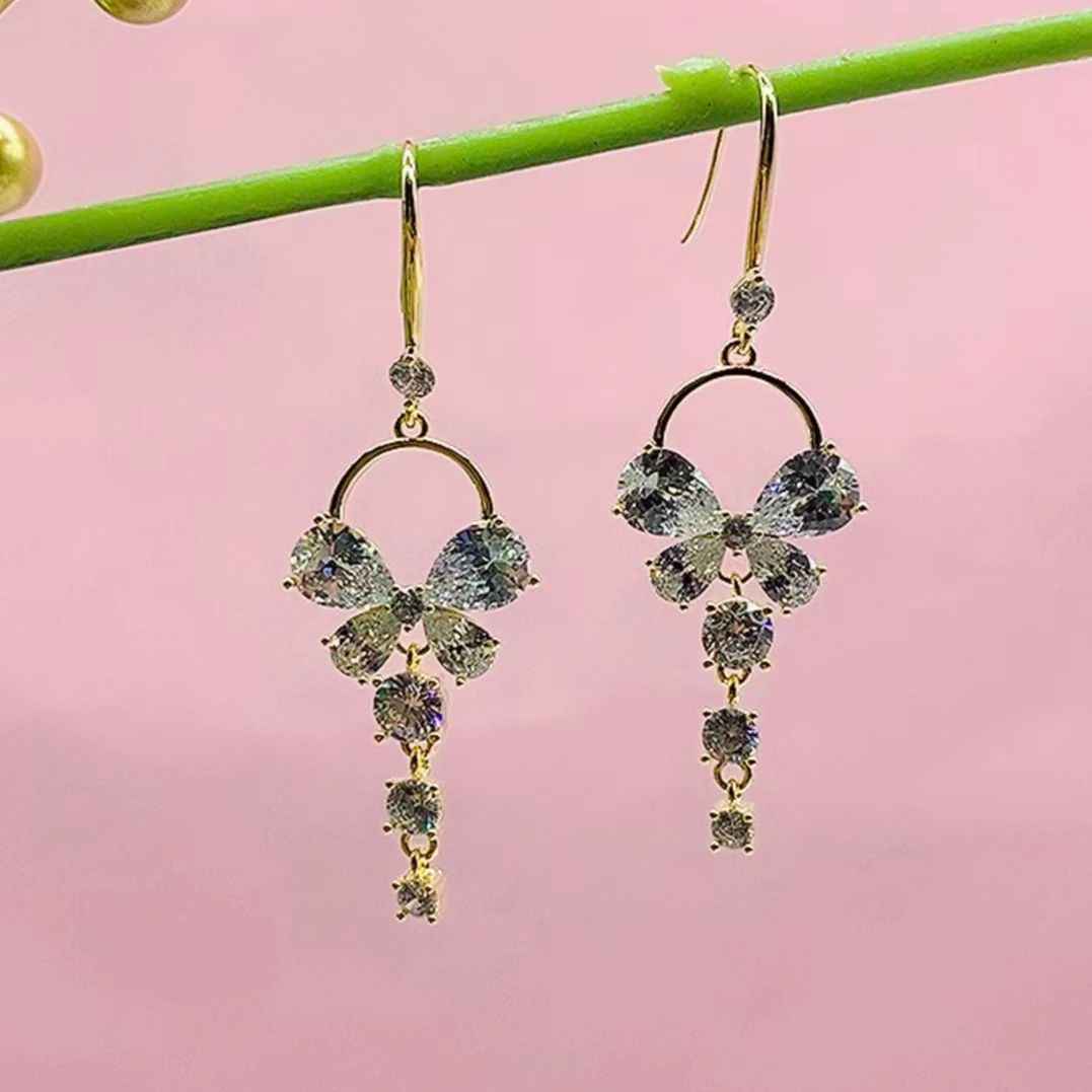 铜合金锆石耳饰 (118号)蝴蝶耳钩吊坠气质女神精致百搭设计耳饰