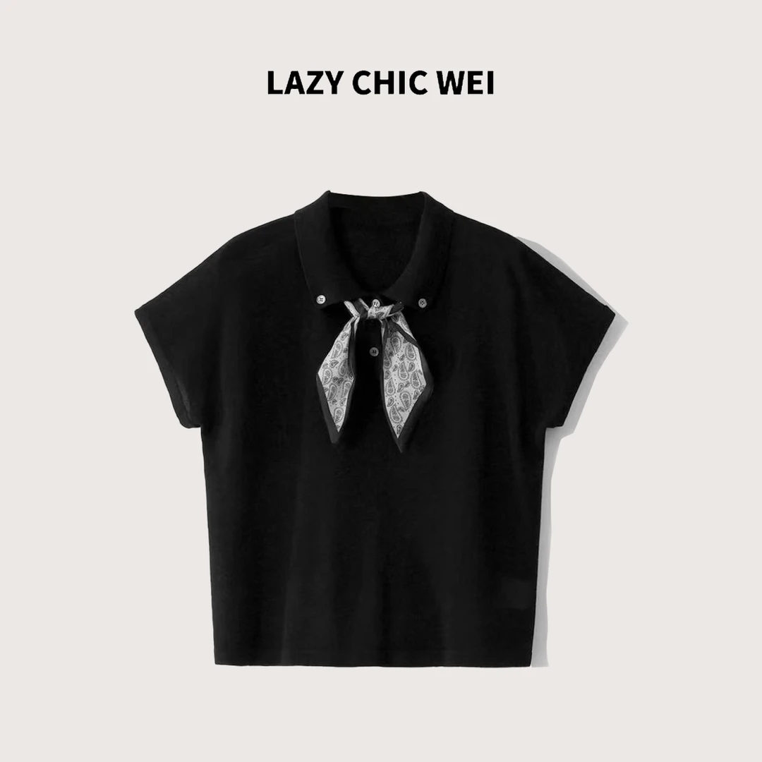 WEI 莱赛尔亚麻混纺印花丝巾麻凉感百搭针织POLO衫2501SSZ20092