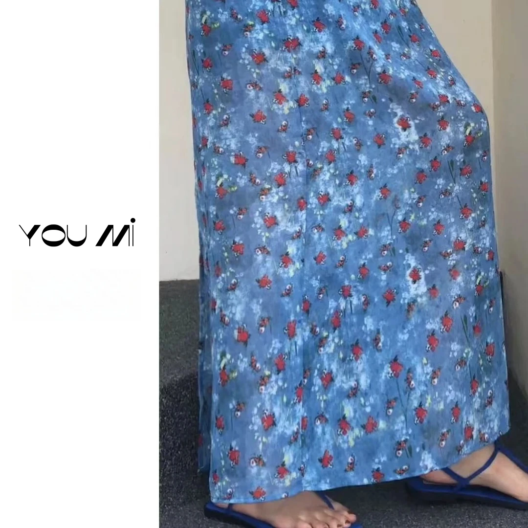 泰兰德女孩夏季新款时尚印花田园风法式复古蓝碎花气质半身裙1086