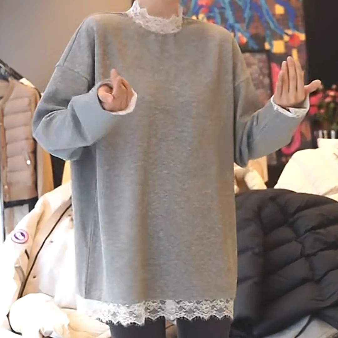 设计感简约风白色蕾边花边长袖T恤女秋冬2024新款圆领打底衫上衣