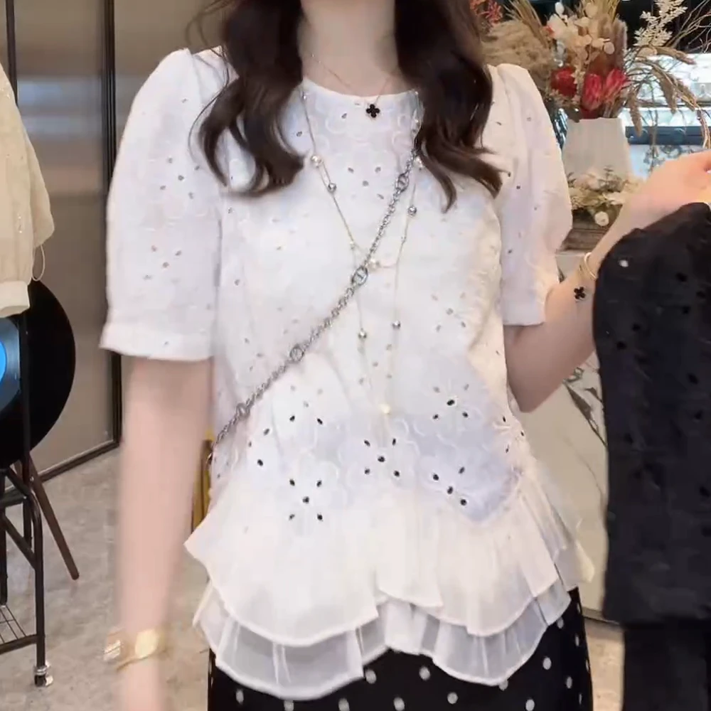 【风吟水岸】韩系洋气百搭镂空小衫夏季短袖女款洋气套头衬衫