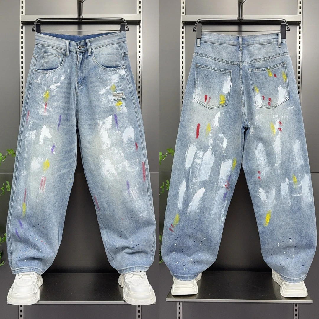 美式宽松直筒牛仔裤春季男薄款青年痞帅阔腿裤时尚百搭休闲油漆裤