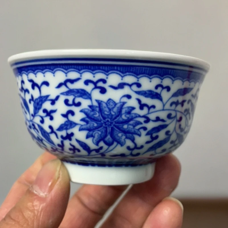 景德镇陶瓷茶具缠枝莲单杯茶杯青花主人杯压手压手杯高端