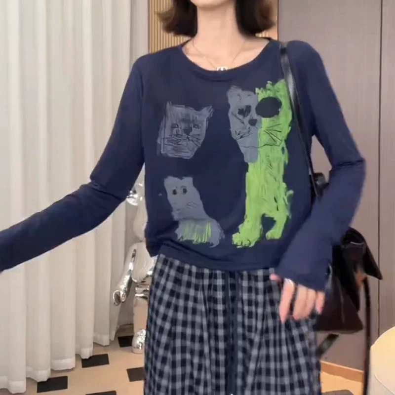 春夏艺术猫咪手绘减龄时髦小众设计显瘦长袖T恤LK2502467