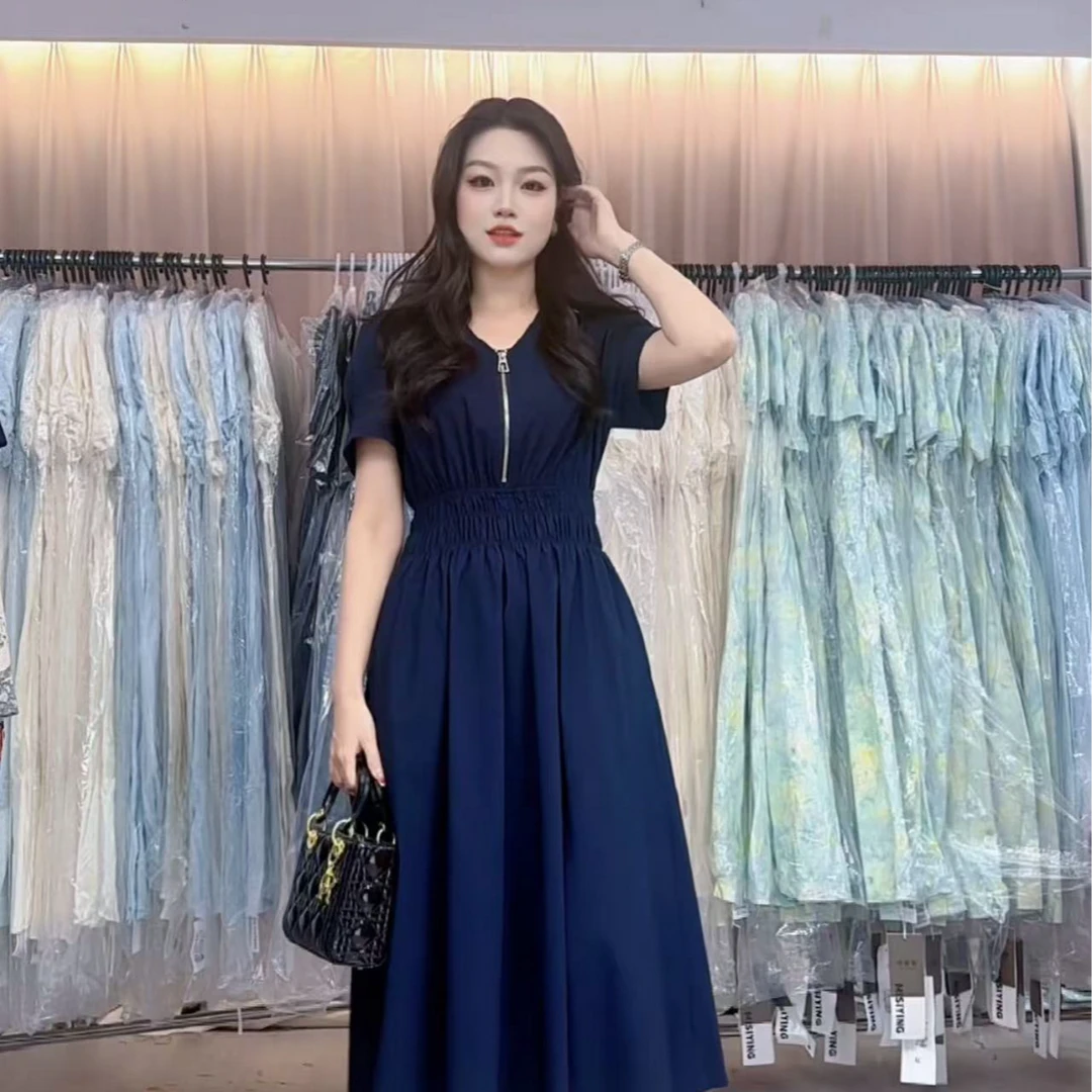 V领拉链收腰显瘦加宽打揽连衣裙8850