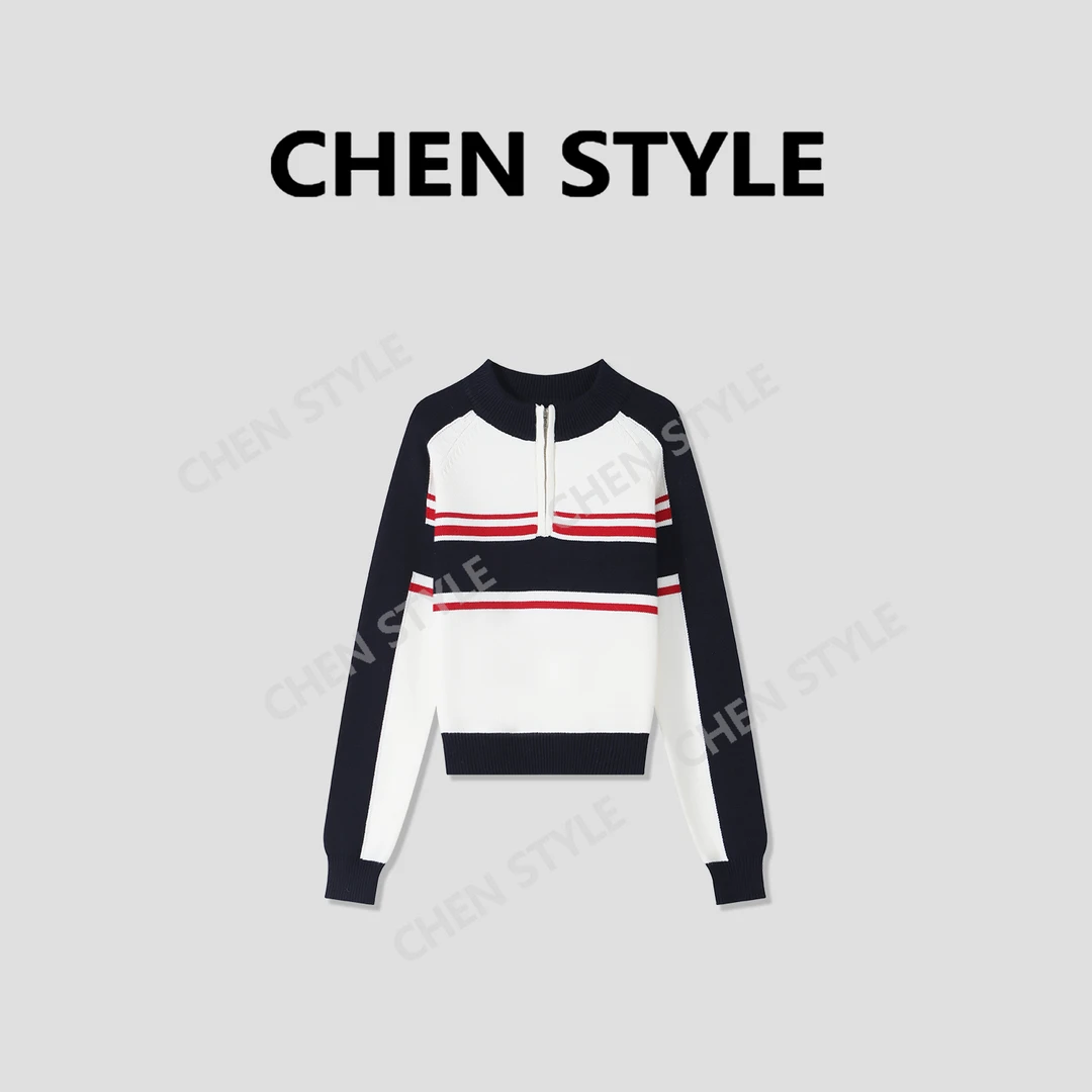 楚楚君~【奇思幻想】Y65848加厚圆领拼色拉链学院风毛衣