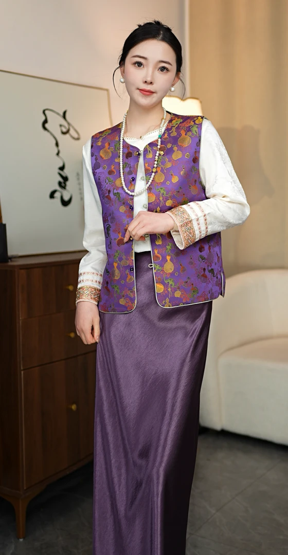 CHUNTIAN/李李国风【紫葫芦】新中式宋锦提花时尚马甲