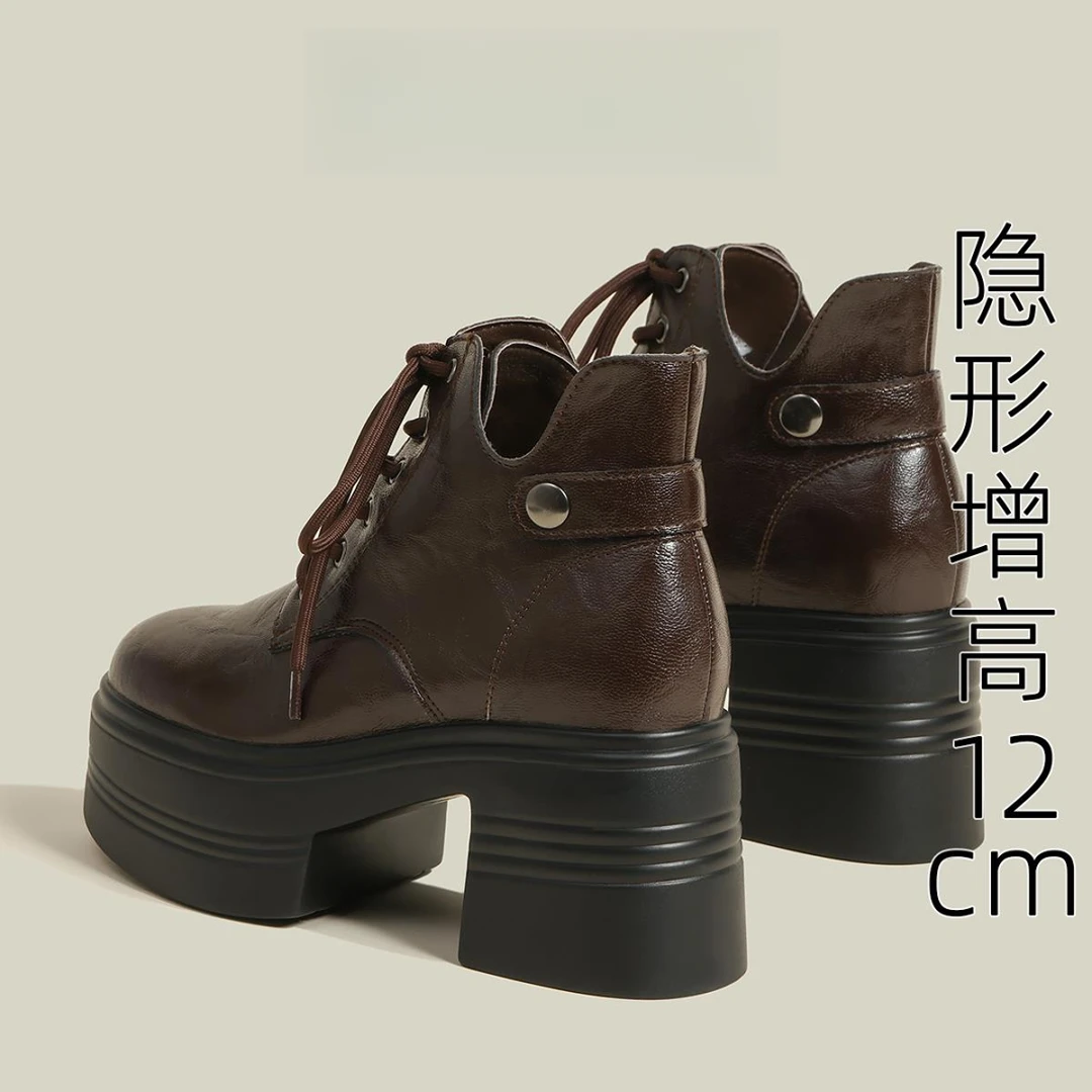 内增高12厘米短靴爆款春秋季新款百搭单筒靴厚底英式棕色短靴小码