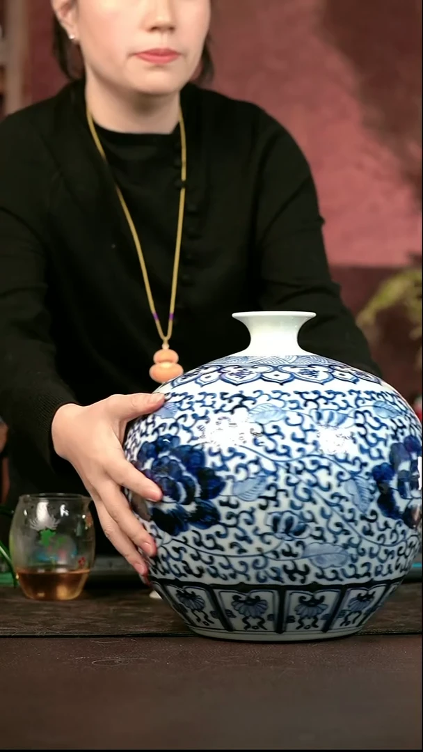 手绘微瑕高温现代瓷  柴窑  有暇 老瓷片苹果尊花瓶