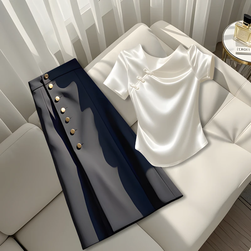 2025夏季新款时尚洋气国风百搭设计感T恤上衣a字垂感半身裙子女装