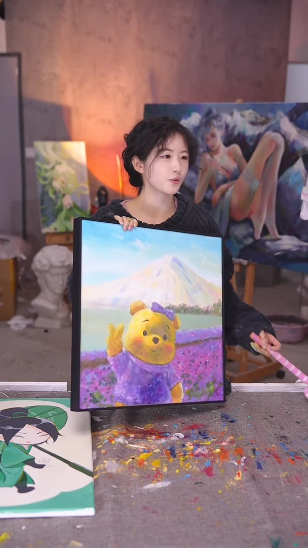 【闪购商品】油画紫色维尼熊丙烯画纯手绘