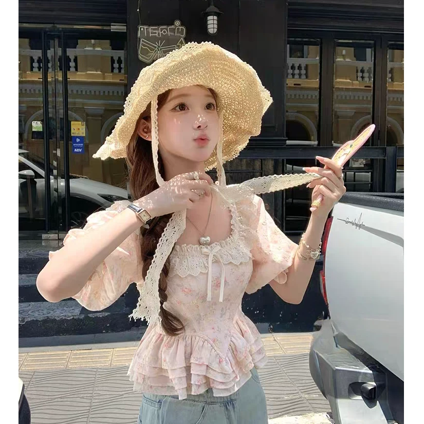 大码女装蝴蝶结蕾丝粉色刺绣花朵甜美气质收腰上衣11771