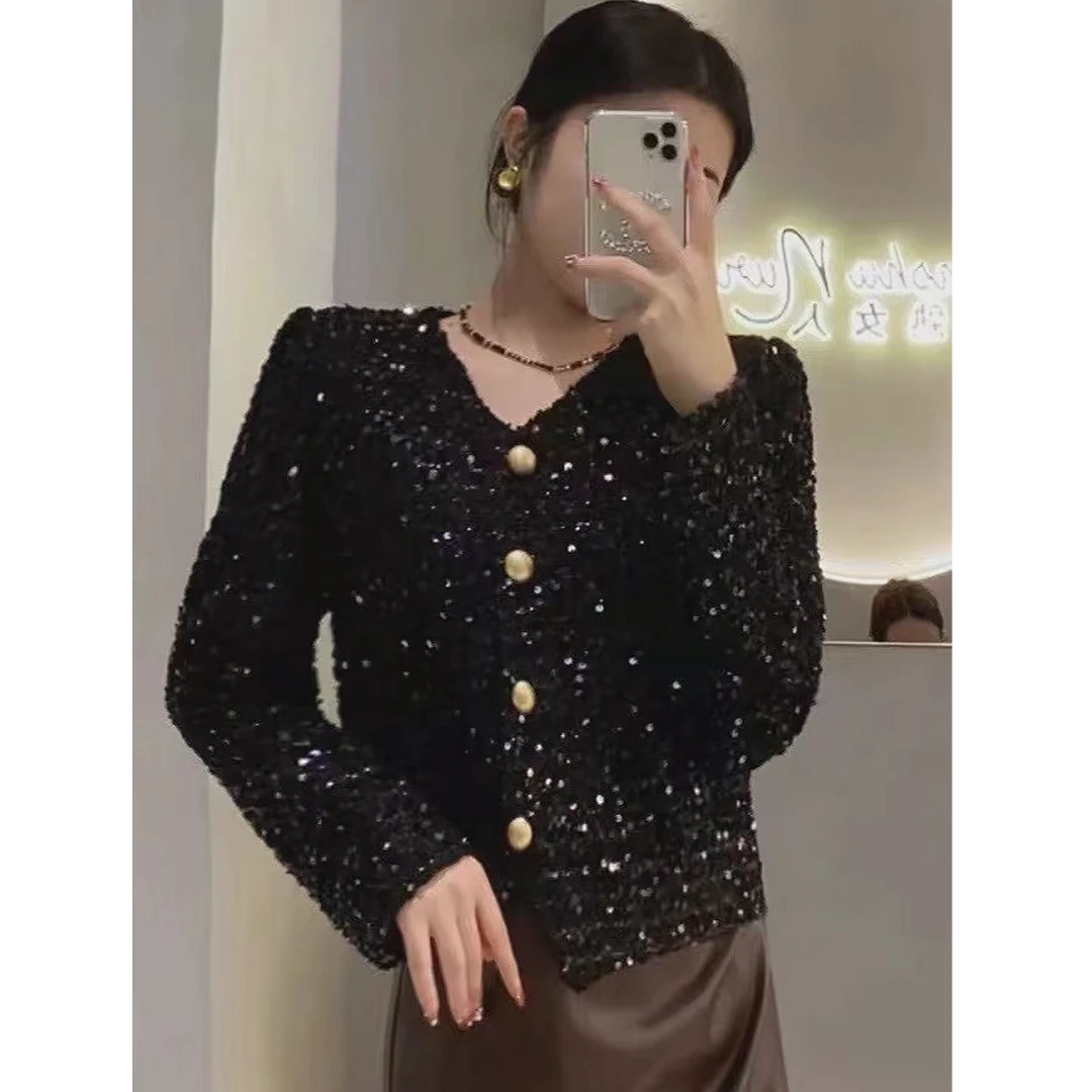 法式v领亮闪星空小香风外套女秋冬韩系气质名媛上衣23163（C7-C9)