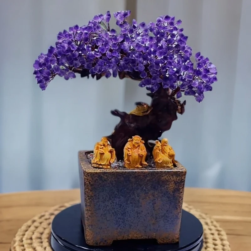 【卓越轻奢原创】迎客松实木福禄寿创意紫水晶树摆件手工精美