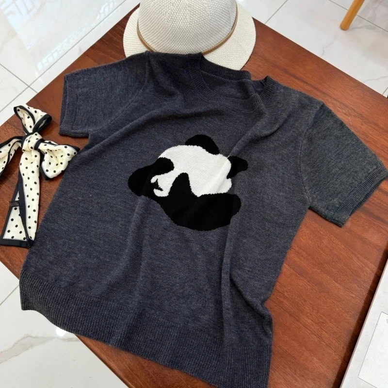 【羊毛桑蚕丝】卡通熊猫减龄薄款圆领时尚女装打底衫休闲洋气衣服女