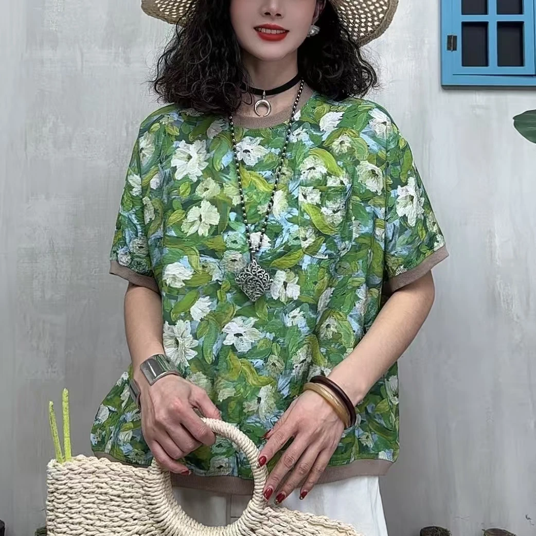 9897新款夏季优雅减龄印花复古T恤QZ
