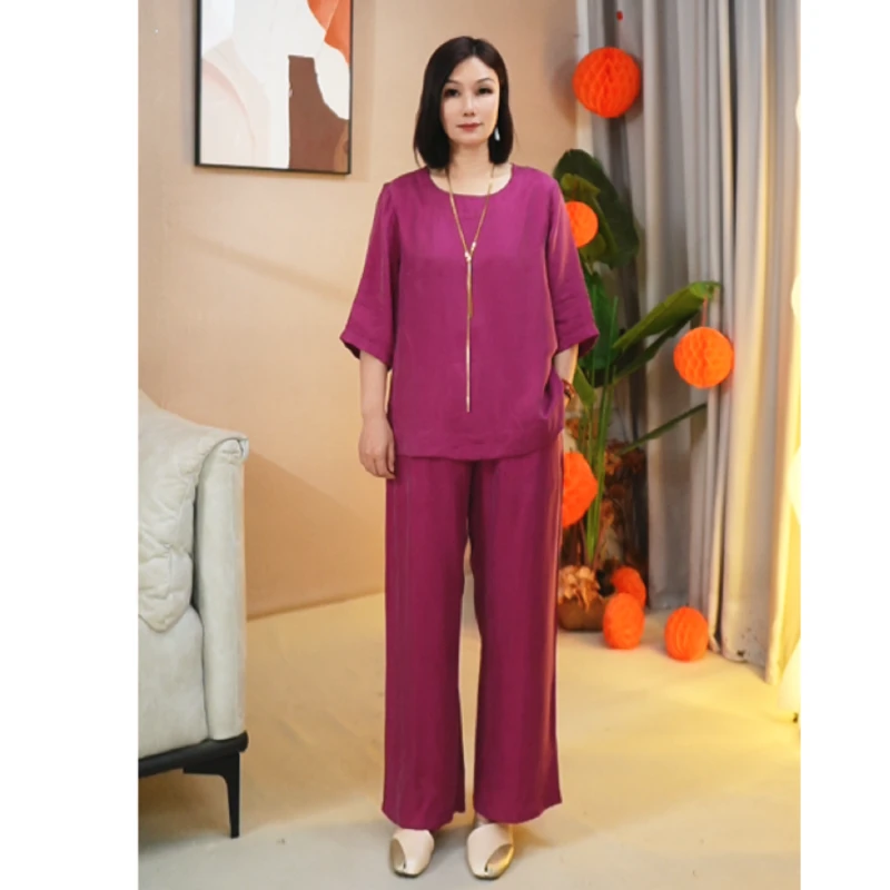 大码妈妈装重磅铜氨丝套装女夏季中老年洋气减龄上衣阔腿裤两件套